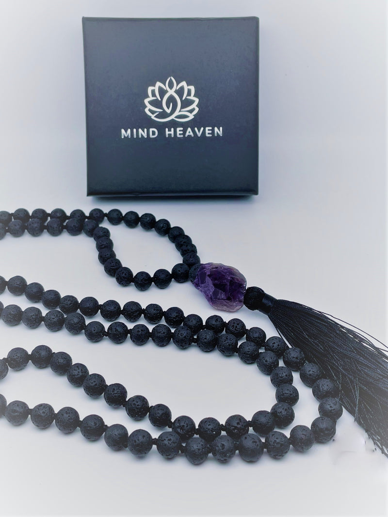 hand made 108 mala necklace black lava with amethyst pendant