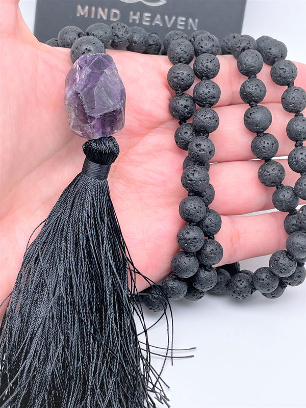 hand made 108 mala necklace black lava with amethyst pendant