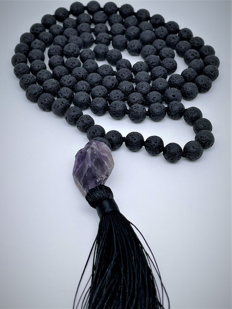 hand made 108 mala necklace black lava with amethyst pendant