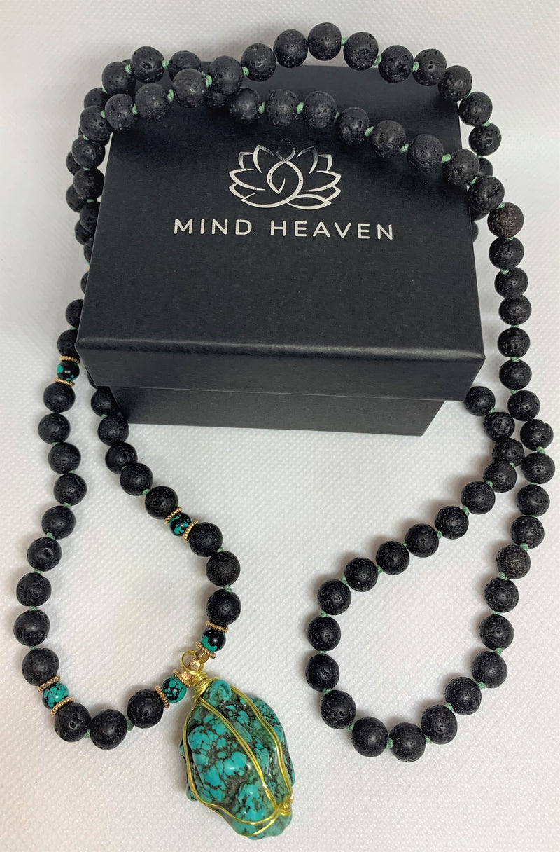 “Mynd-Clear” This exclusive 108 hand-made mala beads necklace features Lava stone beads and a beautiful and unique Turquoise pendant.