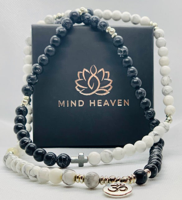 "Mynd-Emotion" Is an Elegant Hand-Made 108 Mala beads that feature White Turquoise and Black Sea sediment Jasper beads with OM pendant / necklace or bracelet
