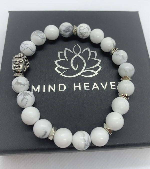 " Patience-me" wrist mala Is an Elegant Hand-Made bracelet that features Howlite beads with Buddha guidance bead.