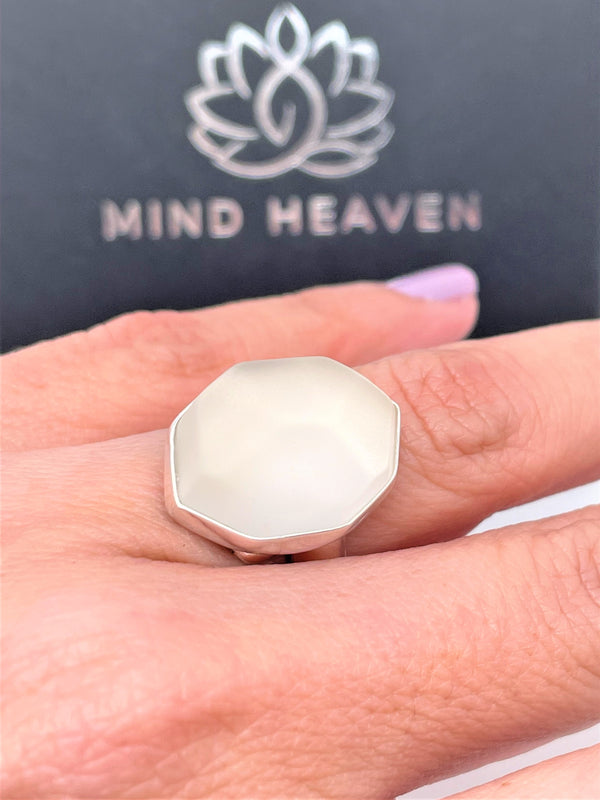 adjustable silver ring white snow quartz