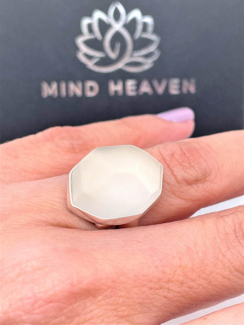 adjustable silver ring white snow quartz