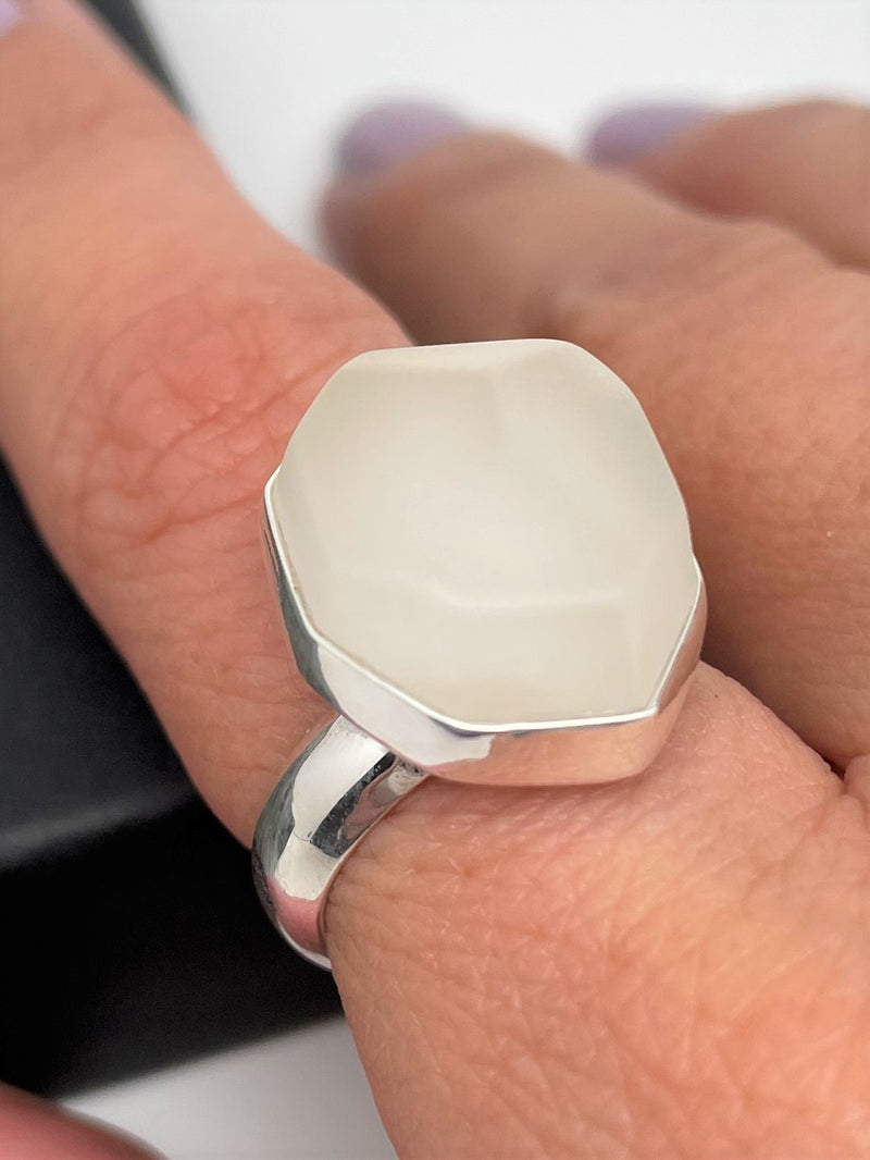 adjustable silver ring white snow quartz