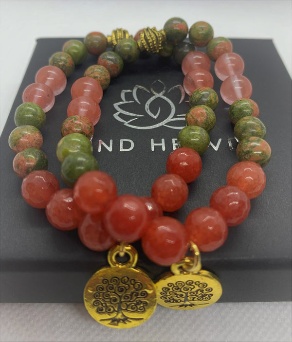 "Sandia-me" wrist mala Is an elegant and colorful Hand-Made bracelet that features Unakite and Watermelon Tourmaline gemstones beads with a lotus golden pendant