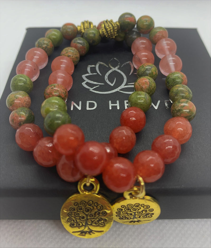 "Sandia-me" wrist mala Is an elegant and colorful Hand-Made bracelet that features Unakite and Watermelon Tourmaline gemstones beads with a lotus golden pendant