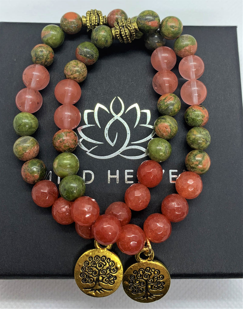 "Sandia-me" wrist mala Is an elegant and colorful Hand-Made bracelet that features Unakite and Watermelon Tourmaline gemstones beads with a lotus golden pendant.